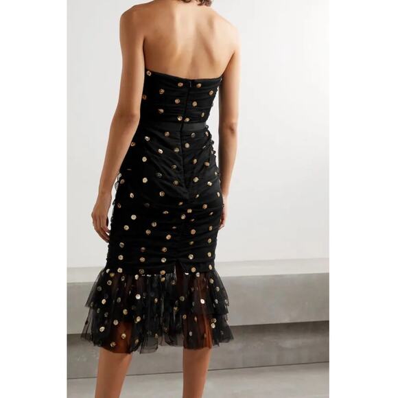 Marchesa Notte Strapless Black Gold Sequin Polka Dot Tulle Midi Dress 8 NWT - Picture 2 of 10